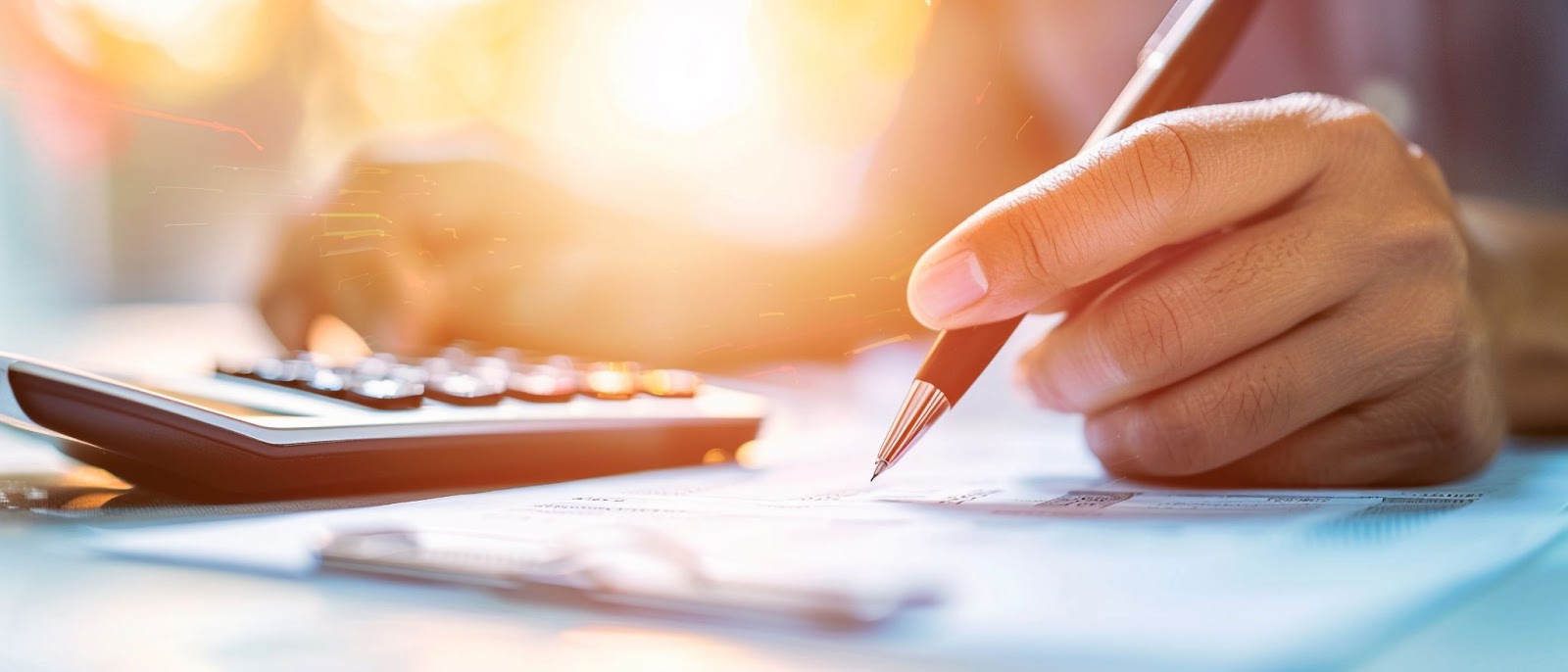 A hand writing on a document with a calculator nearby, bathed in warm sunlight.